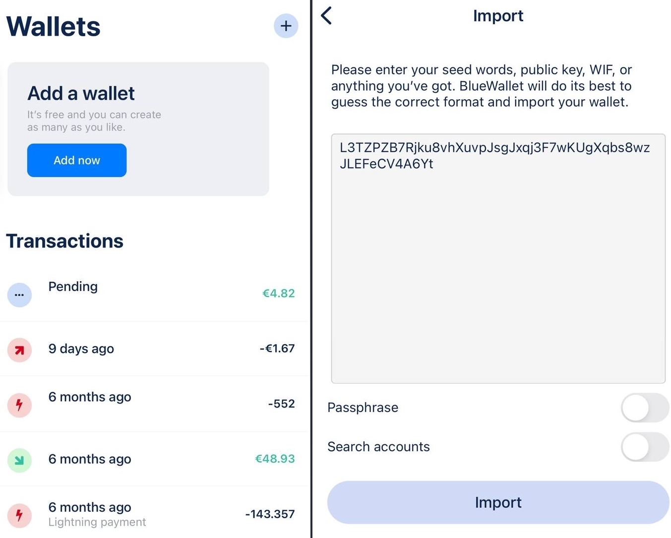 Blue Wallet: how to import a Bitcoin private key.