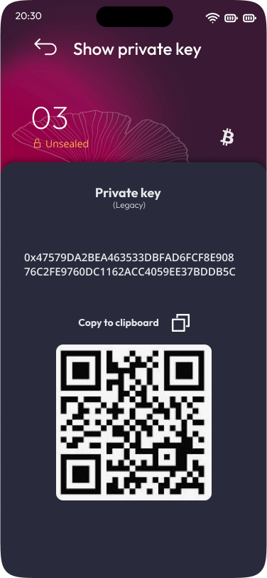 Satodime mobile app - The Legacy Bitcoin private key.