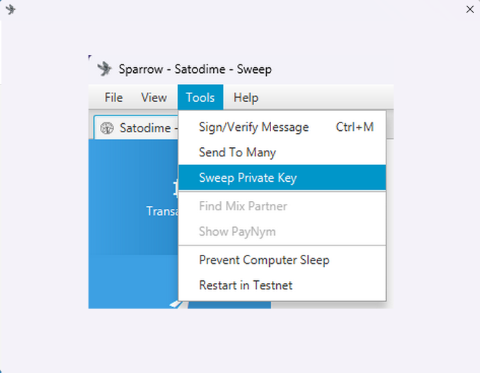 Sparrow: how to import a Bitcoin private key.