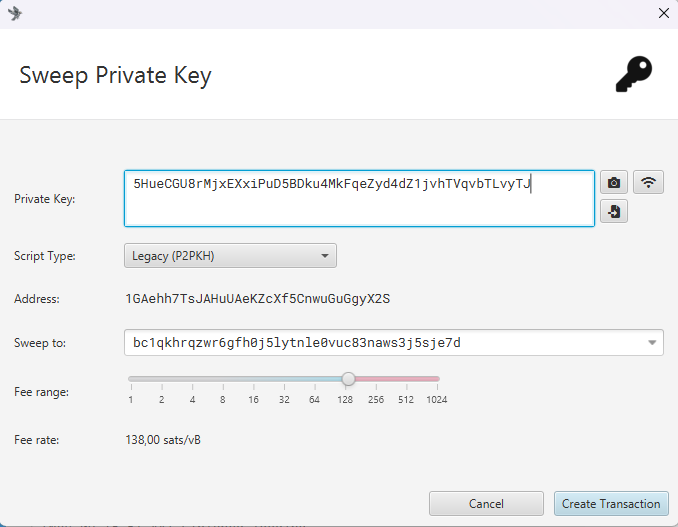 Sparrow: how to import a Bitcoin private key.