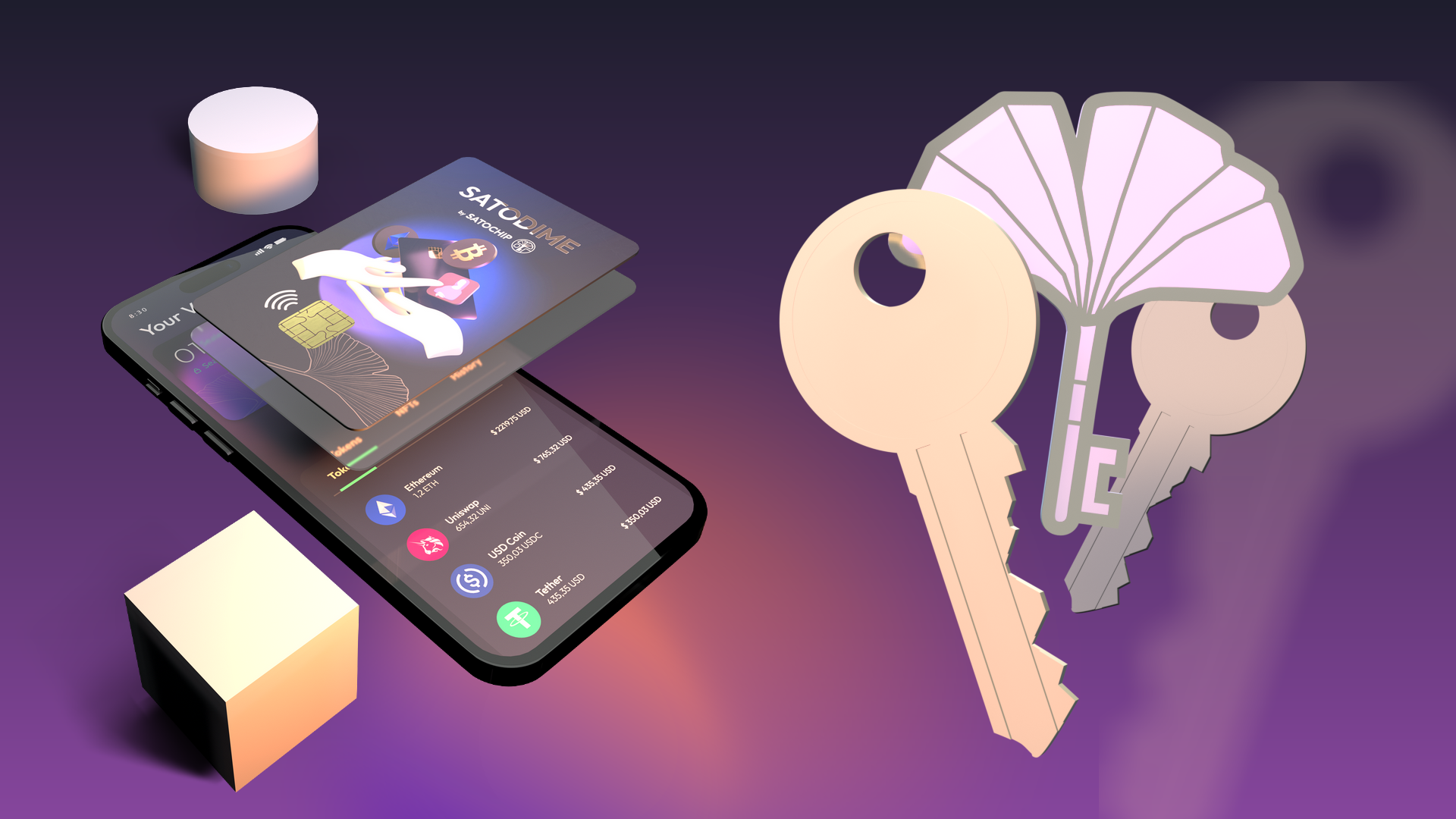 A Satodime card illustration and its companion mobile app from where you can export the cryptocurrency private key.
