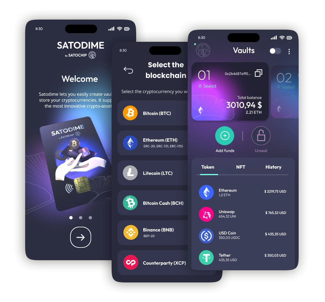 Illustration of the smart card Satodime bearer crypto card paired with an Apple iPhone.