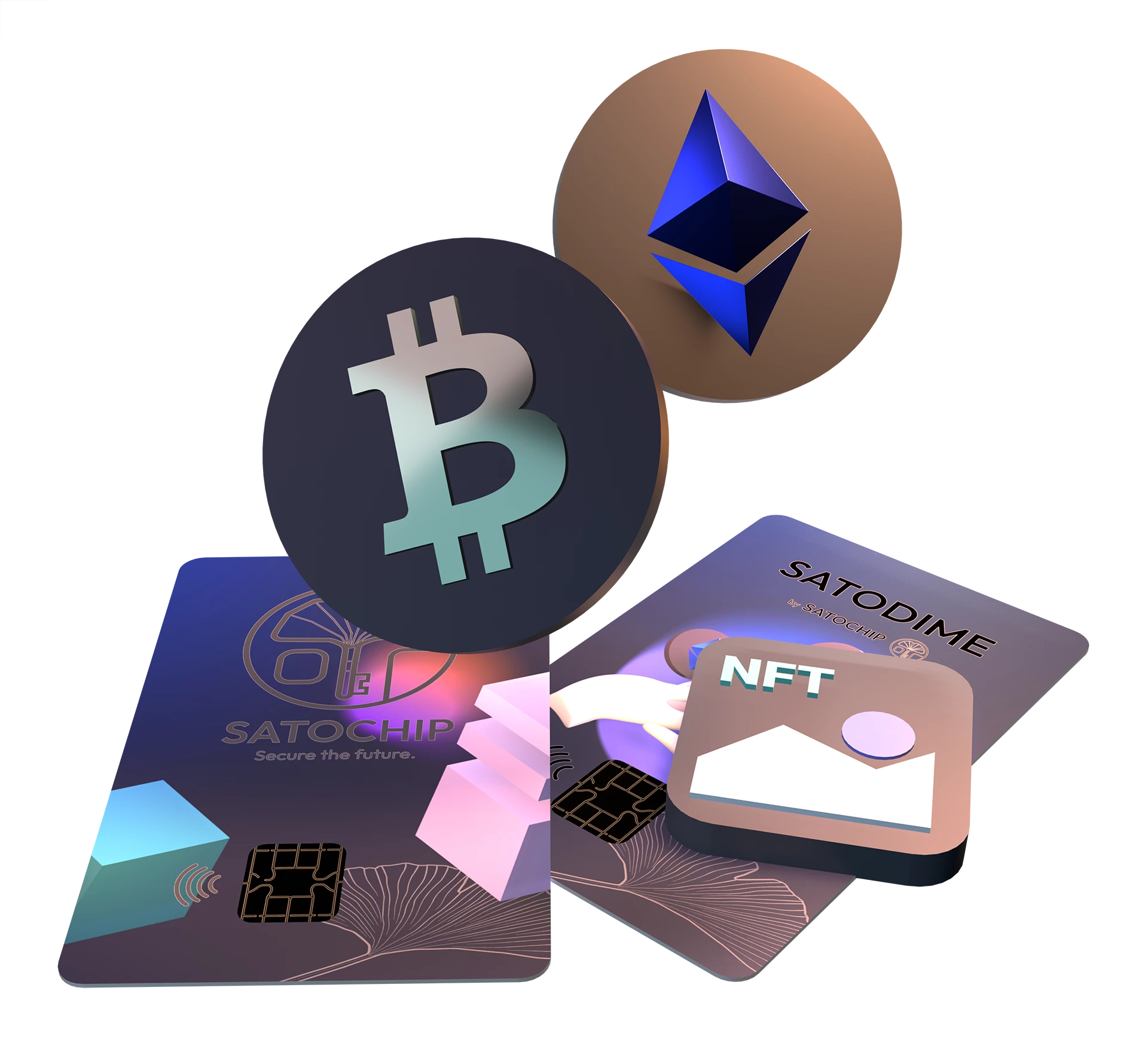 Illustration of the NFC smart card and Bitcoin, Ethereum and NFT tokens.