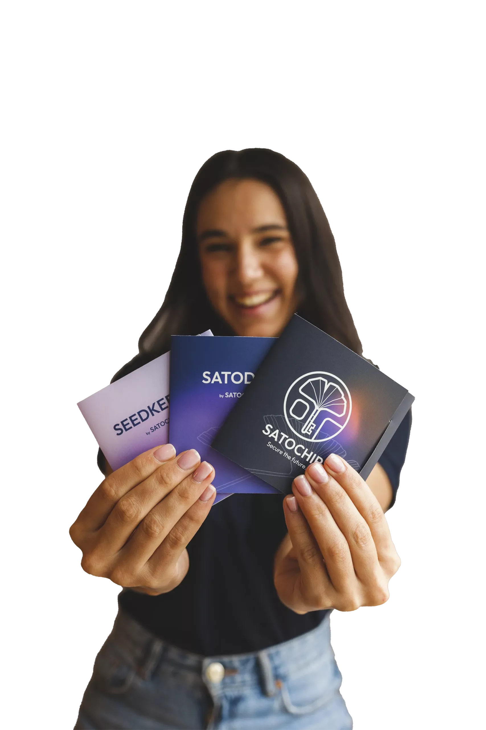 A woman holding Satochip's products.