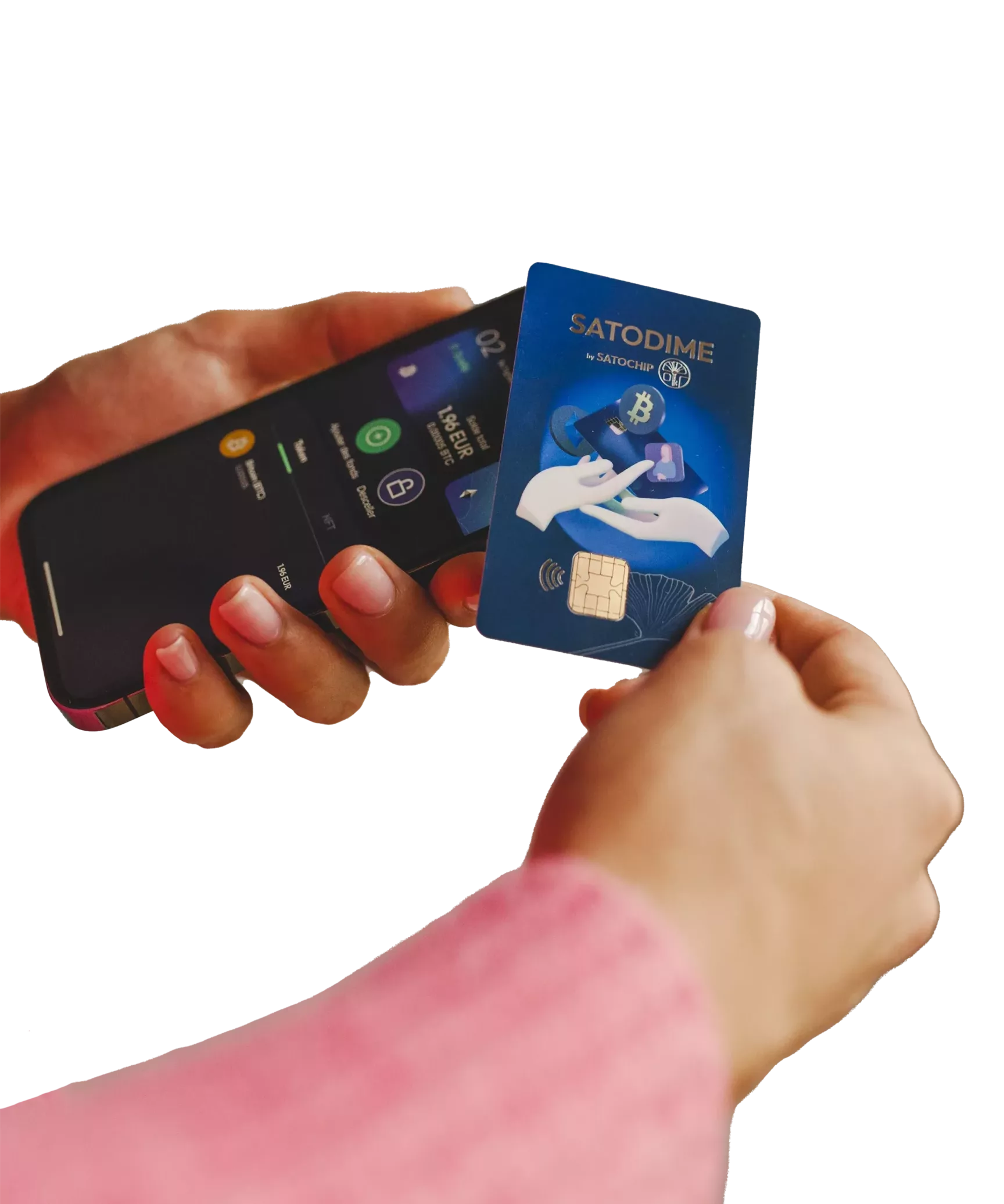 Illustration of the smart card Satodime bearer crypto card paired with an Apple iPhone.