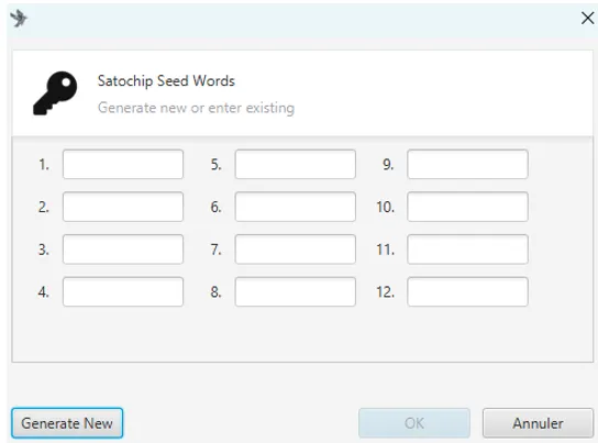 Sparrow Wallet and Satochip - Generate a seedphrase - Seedkeeper