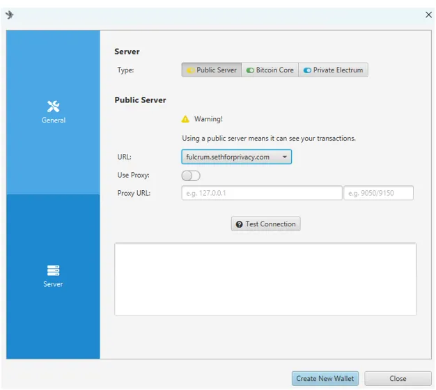 Sparrow wallet - Configuring the public server connexion