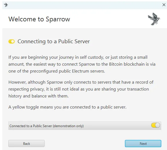 Portefeuille Sparrow - Connexion à un serveur public