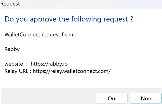Satochip - Rabby Wallet - Etape de validation de Wallet Connect