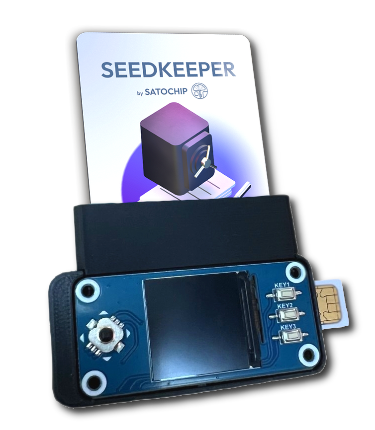 SeedSigner with smartcard hat and the Seedkeeper smartcard.