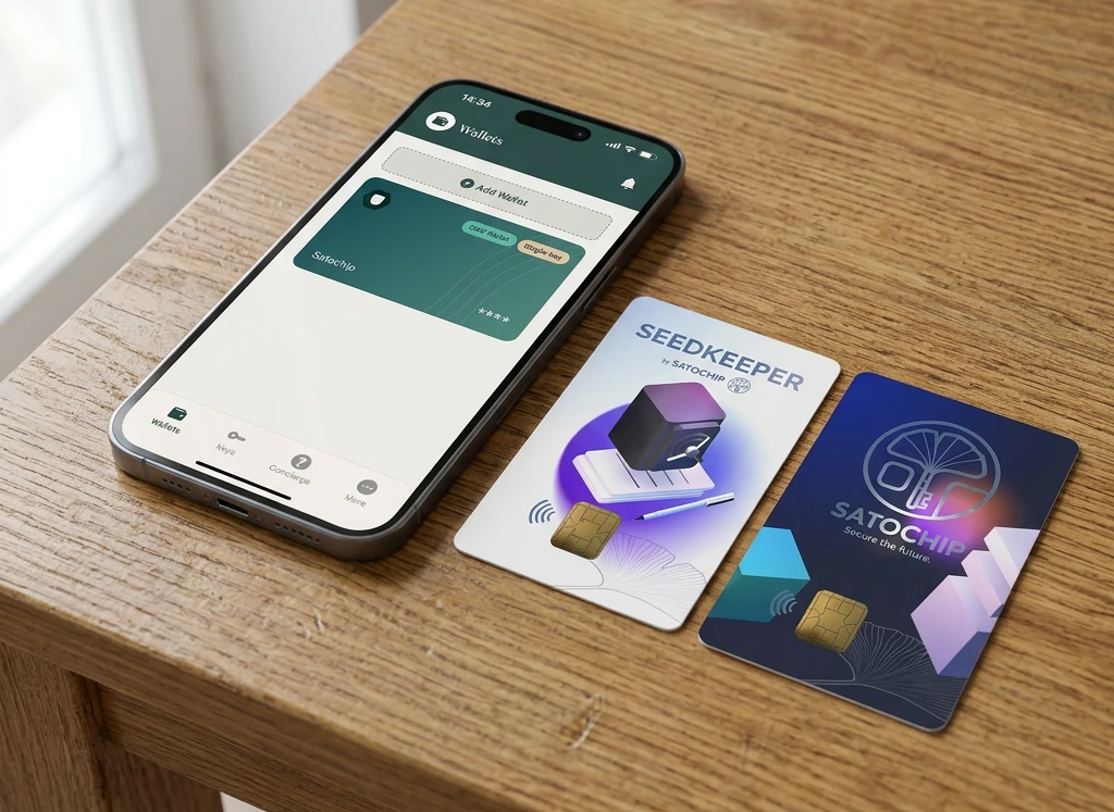 Illustration of the smart card Satodime bearer crypto card paired with an Apple iPhone.
