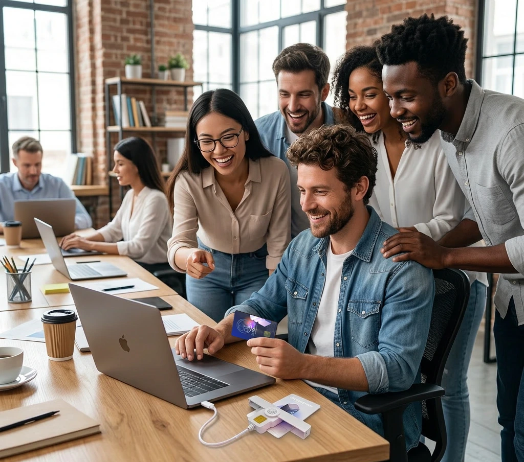 Illustration of the smart card Satodime bearer crypto card paired with an Apple iPhone.