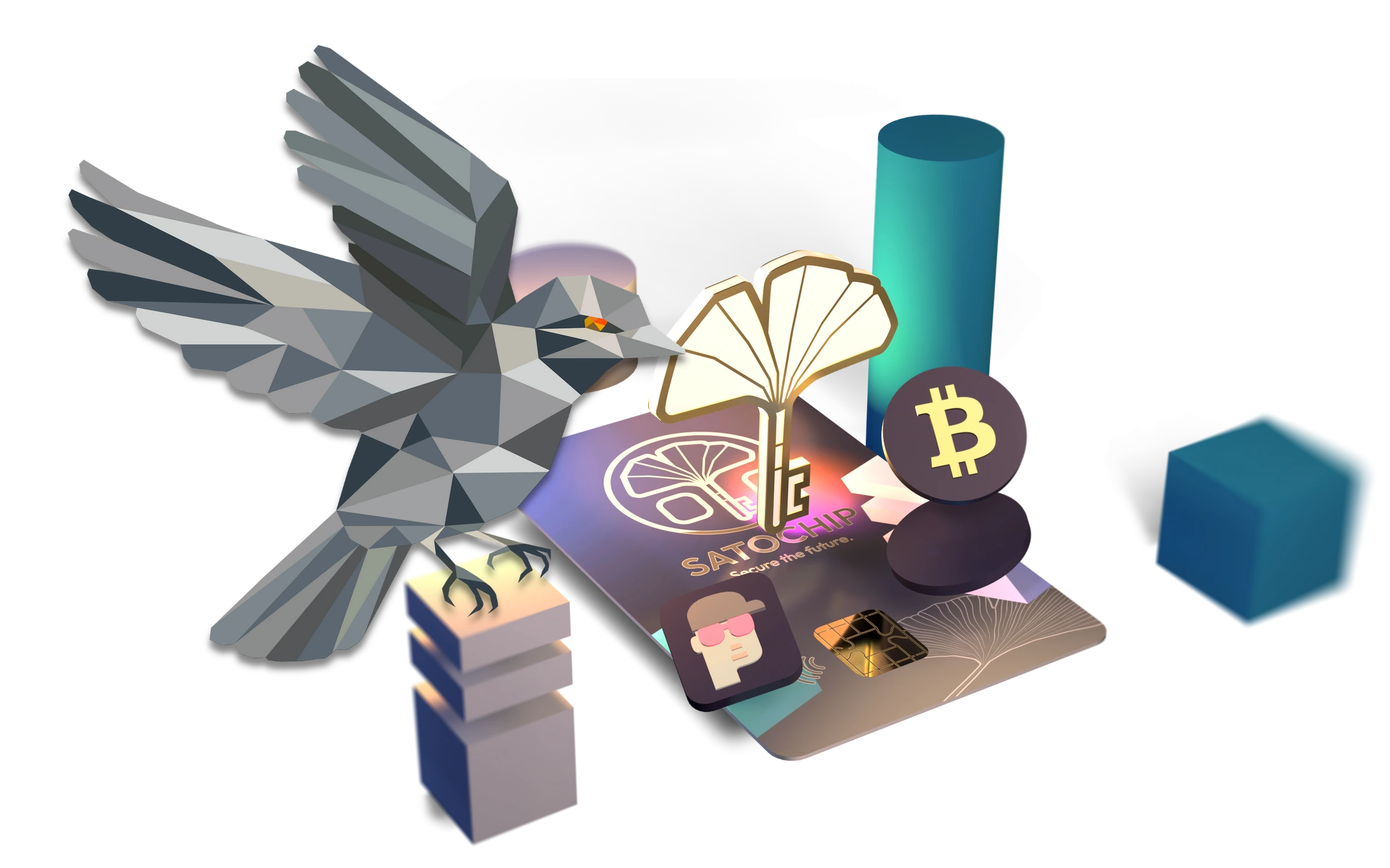 Illustration of the smart card Satochip hardware wallet with Bitcoin, Ethereum and NFT tokens.